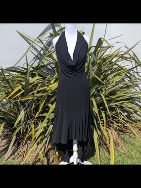 Vintage Guess Collection Y2K Black Sparkle Cowl Neck Halter High Low Dress M